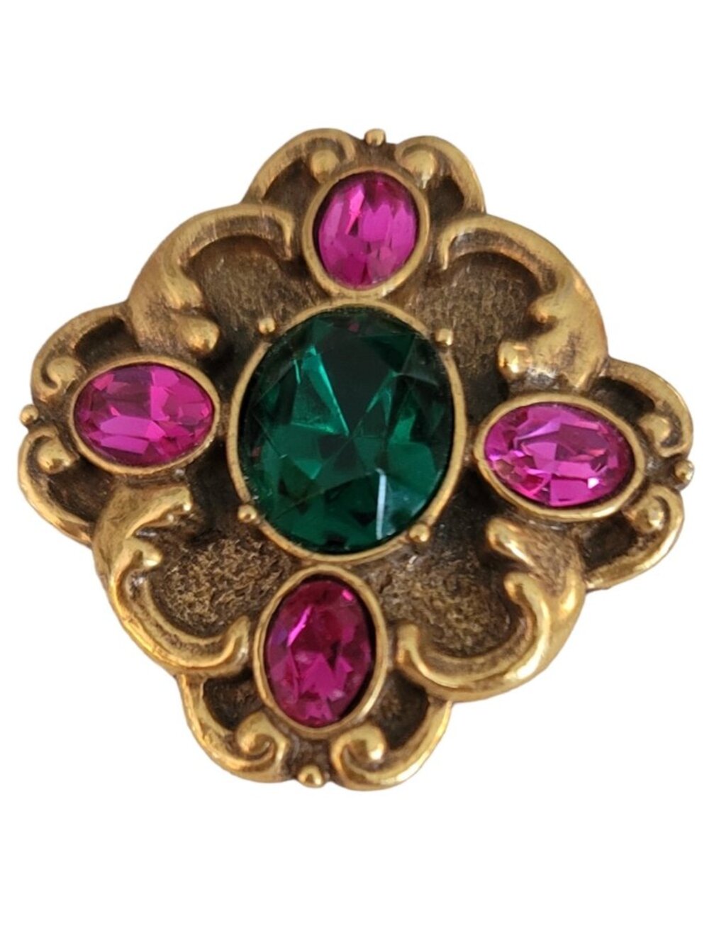 1928 Brand Gold Tone Pink Green Glass Rhinestone Square Scroll Brooch Pin K385